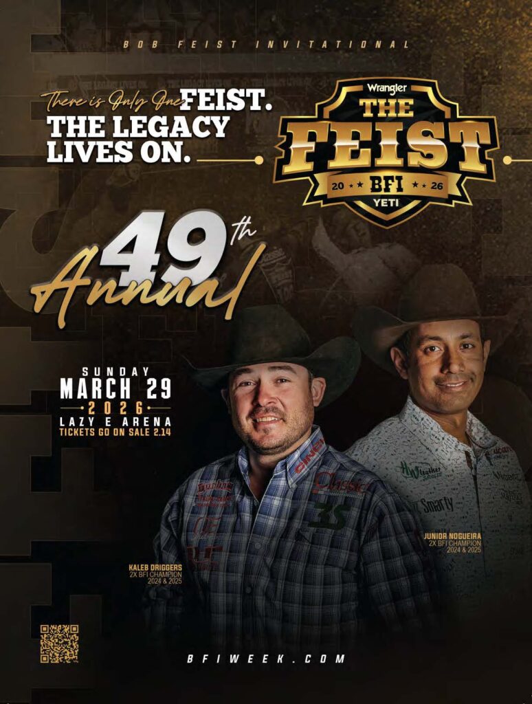 Poster for the 49th Annual Bob Feist Invitational team roping at Lazy E Arena on March 29, 2026, featuring two roping champions