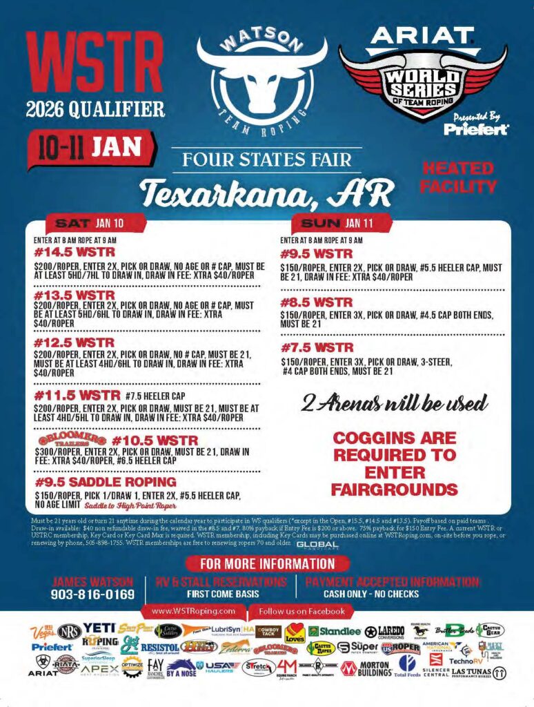 Event flyer for a WSTR 2026 qualifier team roping at the Four States Fair in Texarkana, Arkansas, Jan 10-11