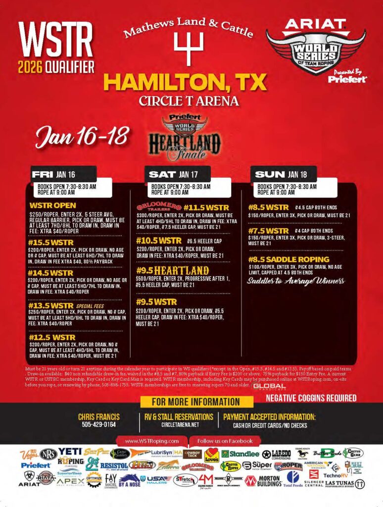 Red and black WSTR 2026 Qualifier event flyer for the Heartland Finale team roping in Hamilton, Texas, listing Jan 16–18 roping classes and entry fees