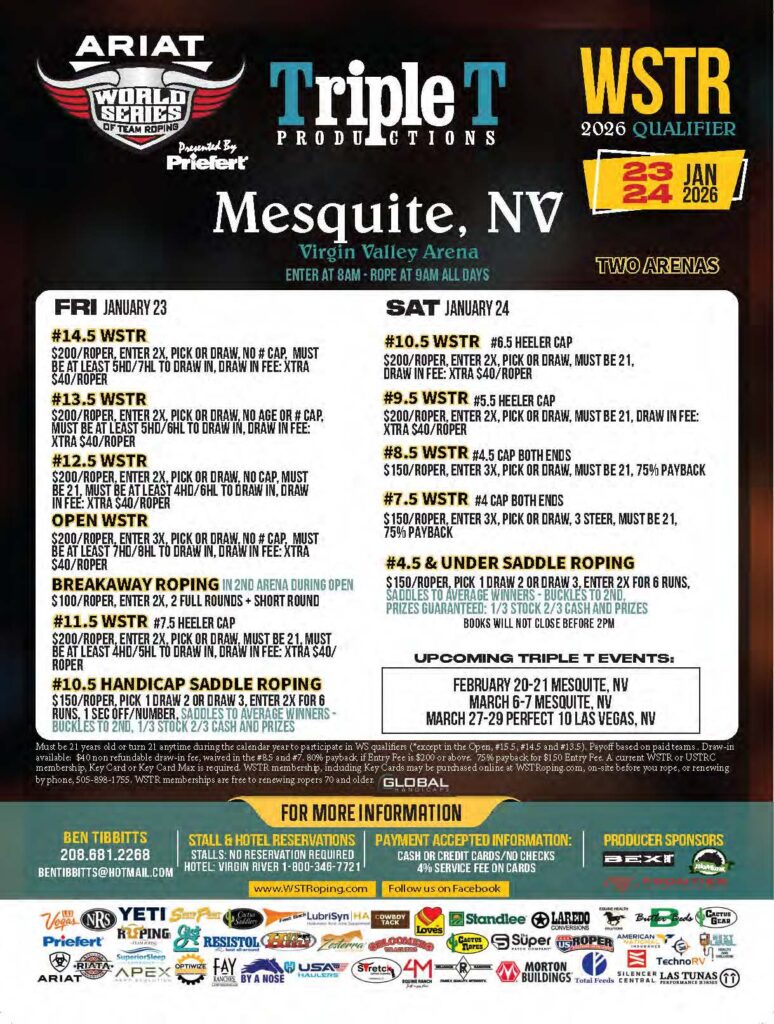 Event flyer for Triple T Productions' WSTR 2026 qualifier team roping in Mesquite, NV, listing January 23-24 roping classes