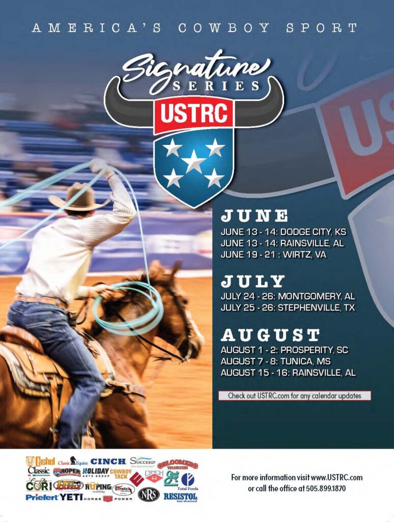 USTRC Signature Series rodeo schedule poster featuring a barrel racer on horseback with lasso, listing June through August events across the United States
