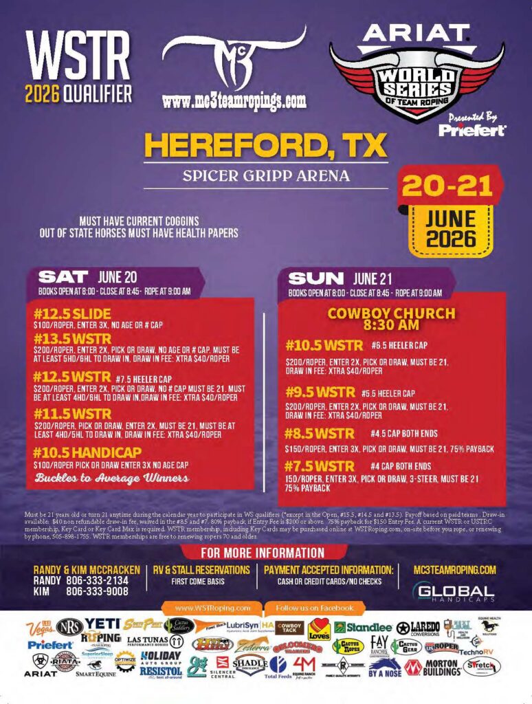 WSTR 2026 Qualifier flyer for Ariat World Series of Team Roping in Hereford, Texas, June 20-21 at Spicer Gripp Arena, listing multiple team roping events with entry fees and rules