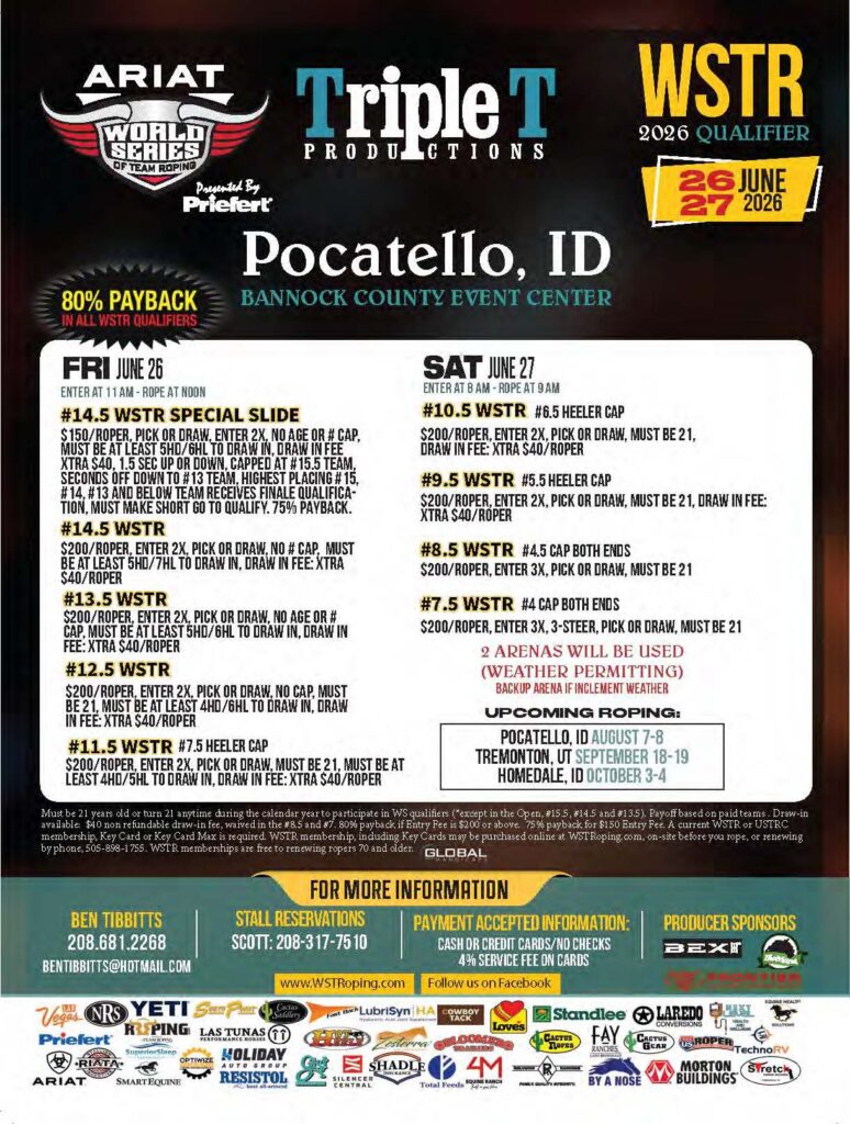 ARIAT World Series Team Roping WSTR 2026 Qualifier flyer for Pocatello, Idaho event June 26-27 at Bannock County Event Center, featuring multiple roping competitions with entry fees and rules