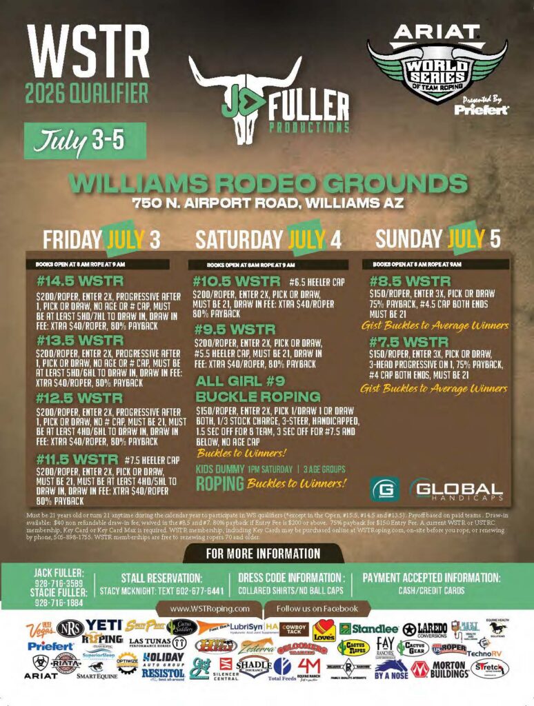 WSTR 2026 Qualifier flyer for team roping event July 3-5 at Williams Rodeo Grounds in Arizona, featuring event details and entry information