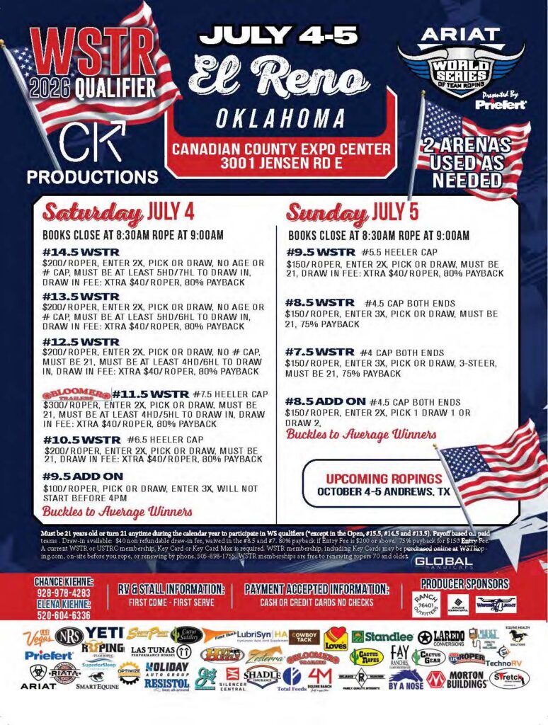 WSTR 2026 Qualifier flyer for El Reno, Oklahoma team roping event July 4-5 at Canadian County Expo Center, listing entry fees, draw times, and event details