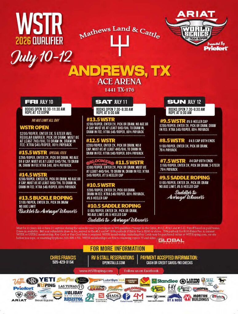 WSTR 2026 Qualifier rodeo event flyer for Andrews, Texas, July 10-12, listing team roping, saddle roping, and breakaway roping competitions with entry fees and event details