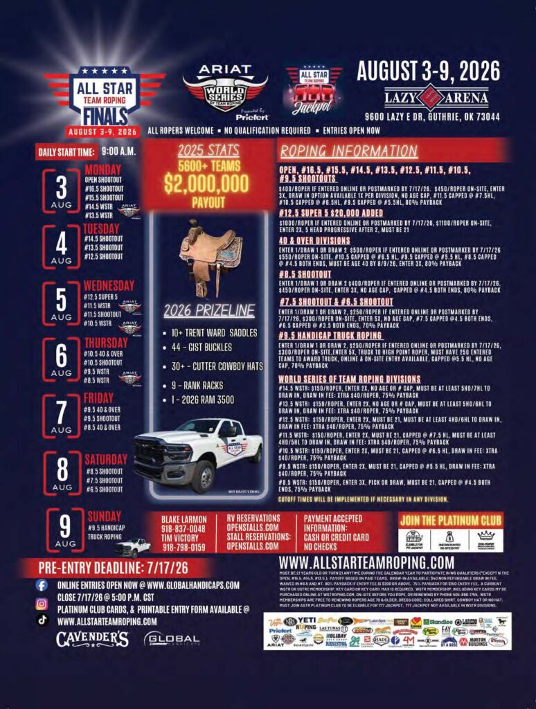 All Star Team Roping Finals promotional flyer for August 3-9, 2026 at Lazy E Arena in Guthrie, Oklahoma, featuring event schedule, $2 million payout, and prize details including saddles, buckles, and a 2026 truck giveaway