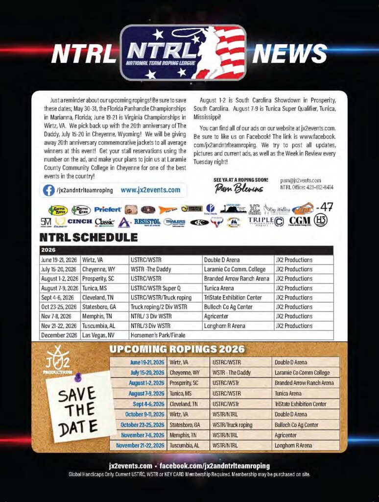NTRL News announcement of 2026 team roping schedule and upcoming ropings with event dates, locations, and venues listed in tables