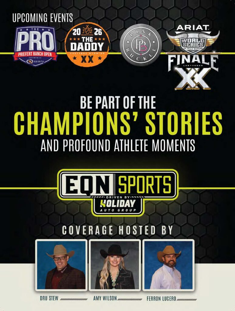 Promotional graphic for EON Sports coverage of upcoming rodeo events including the Pro Prieffer Ranch Open, The Daddy 20-26, PBR, and Ariat World Series Finale XX, hosted by Dru Stew, Amy Wilson, and Ferron Lucero