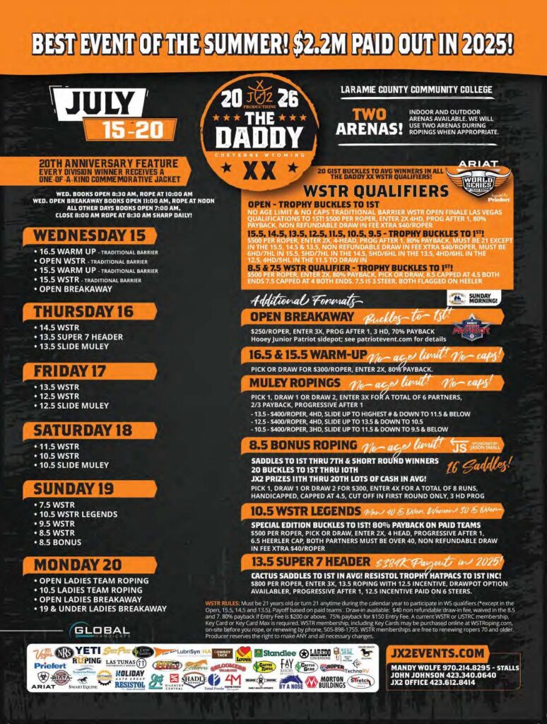 The Daddy XX rodeo flyer for July 15-20 at Laramie County Community College advertises $2.2M in payouts, WSTR qualifiers, team roping, barrel racing, breakaway roping, and bonus ropings across multiple events