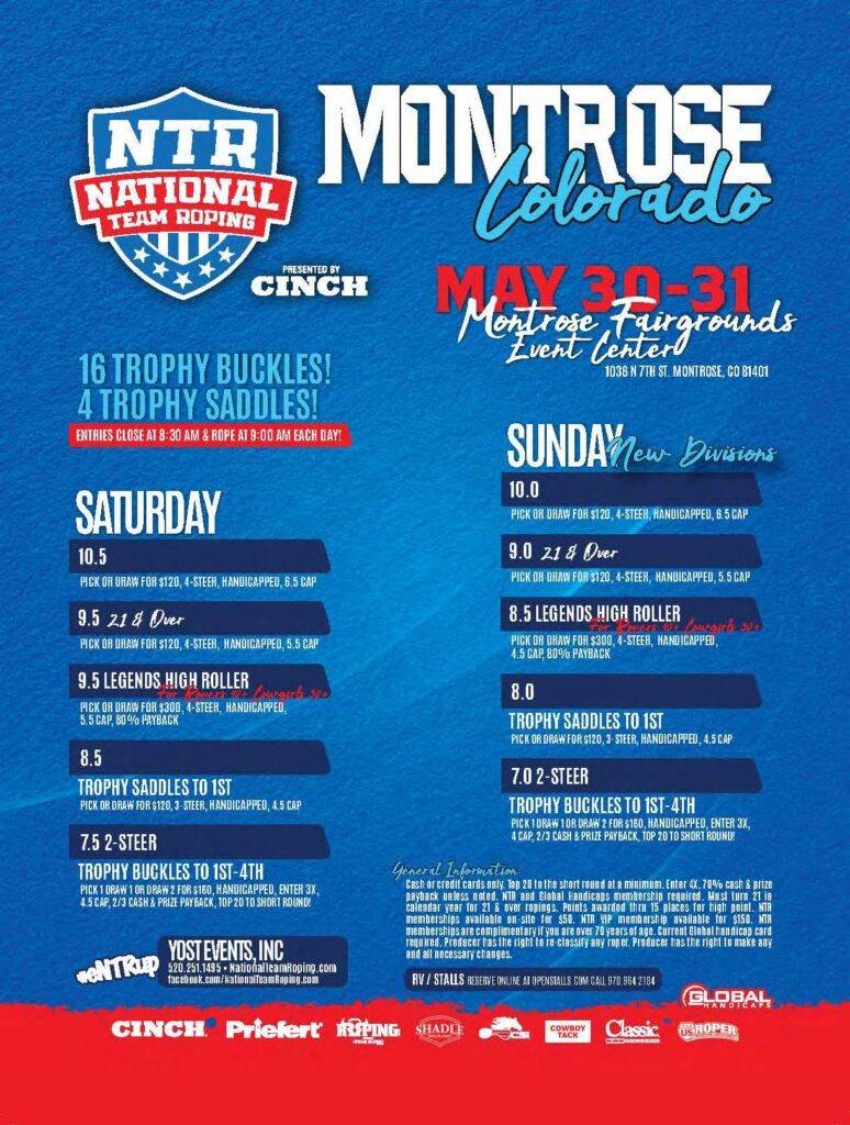 National Team Roping event poster for Montrose, Colorado on May 30-31 featuring 16 trophy buckles and 4 trophy saddles across Saturday and Sunday competitions