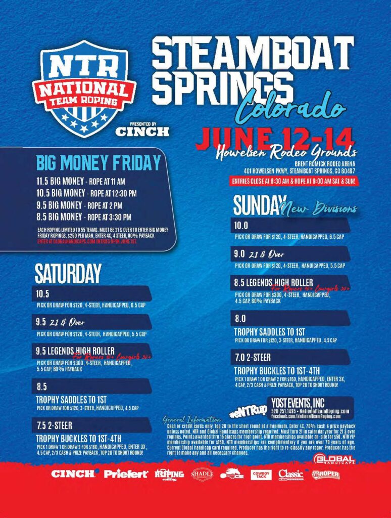 NTR Steamboat Springs team roping event flyer for June 12-14 at Howelsen Rodeo Grounds, Colorado, listing Friday Big Money ropings and Saturday-Sunday competition divisions with entry fees and payback information