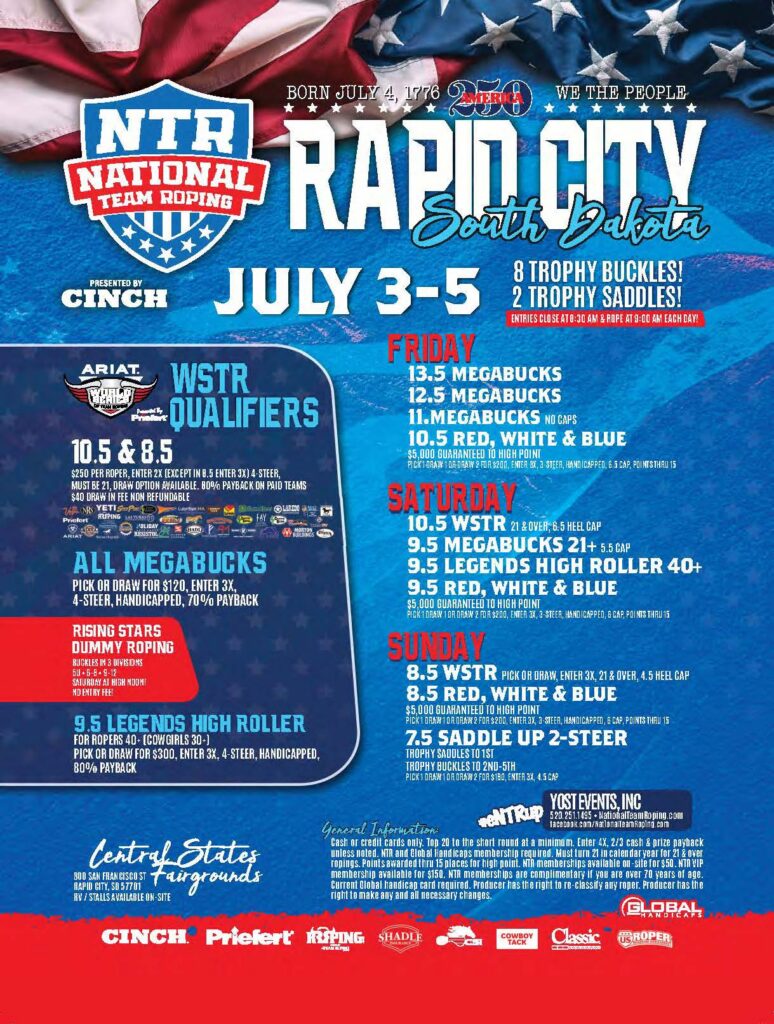 NTR National Team Roping event poster for Rapid City, South Dakota, July 3-5, featuring prize money and competition details against an American flag background