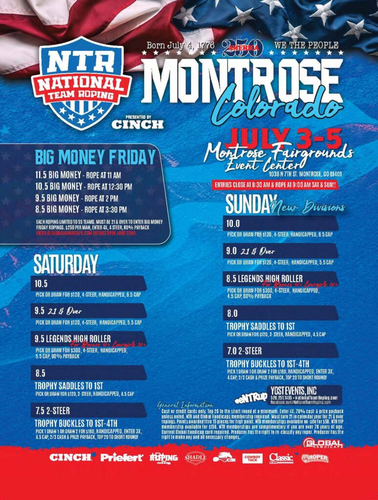 NTR National Team Roping event poster for Montrose, Colorado, July 3-5, listing competition divisions and entry details against American flag background