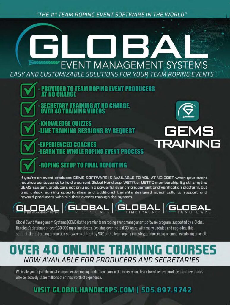Global Event Management Systems promotional flyer advertising team roping software, training courses, and services for event producers and secretaries