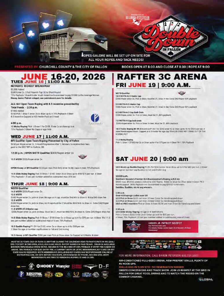 Double Down in Fallon rodeo event flyer for June 16-20, 2026, featuring team roping, breakaway roping, and other competitions at Rafter 3C Arena