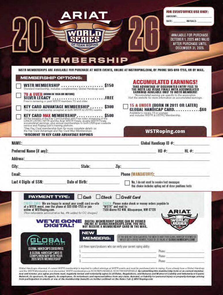 ARIAT World Series of Team Roping 2026 membership form with pricing options and registration details
