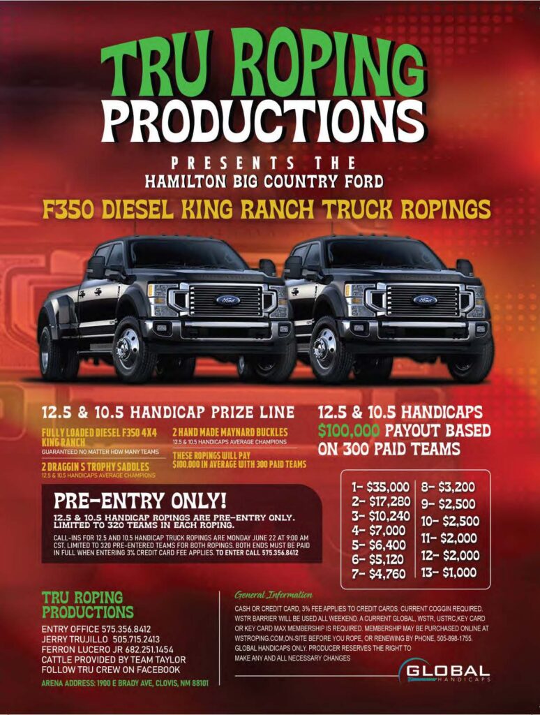 Tru Roping Productions poster advertising F350 Diesel King Ranch truck ropings with prize details and entry information for Hamilton Big Country Ford event