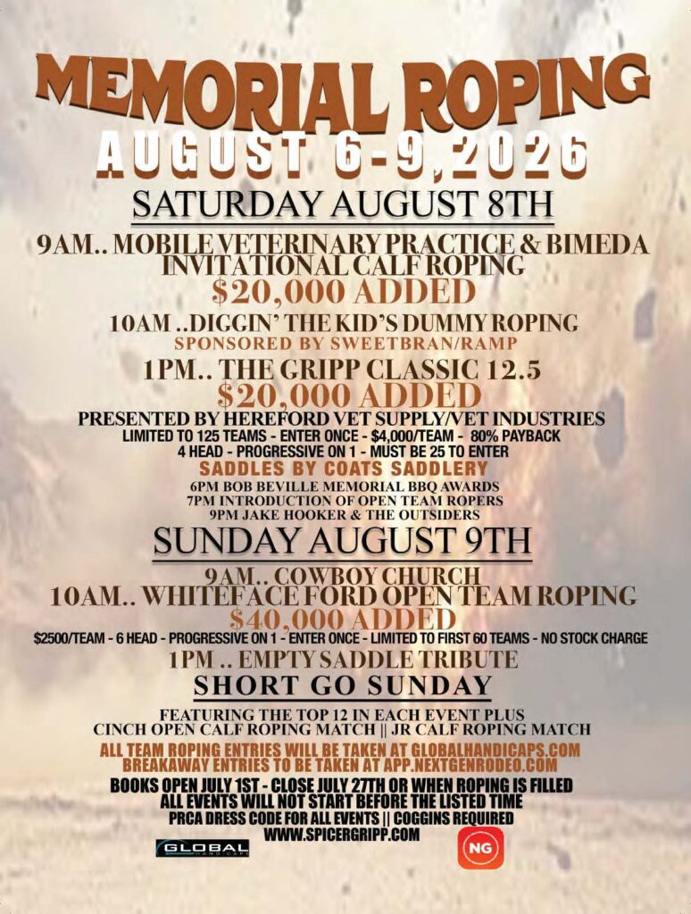Memorial Roping event flyer for August 6-9, 2026, featuring team roping, calf roping, and open team roping competitions with prize money and entry details