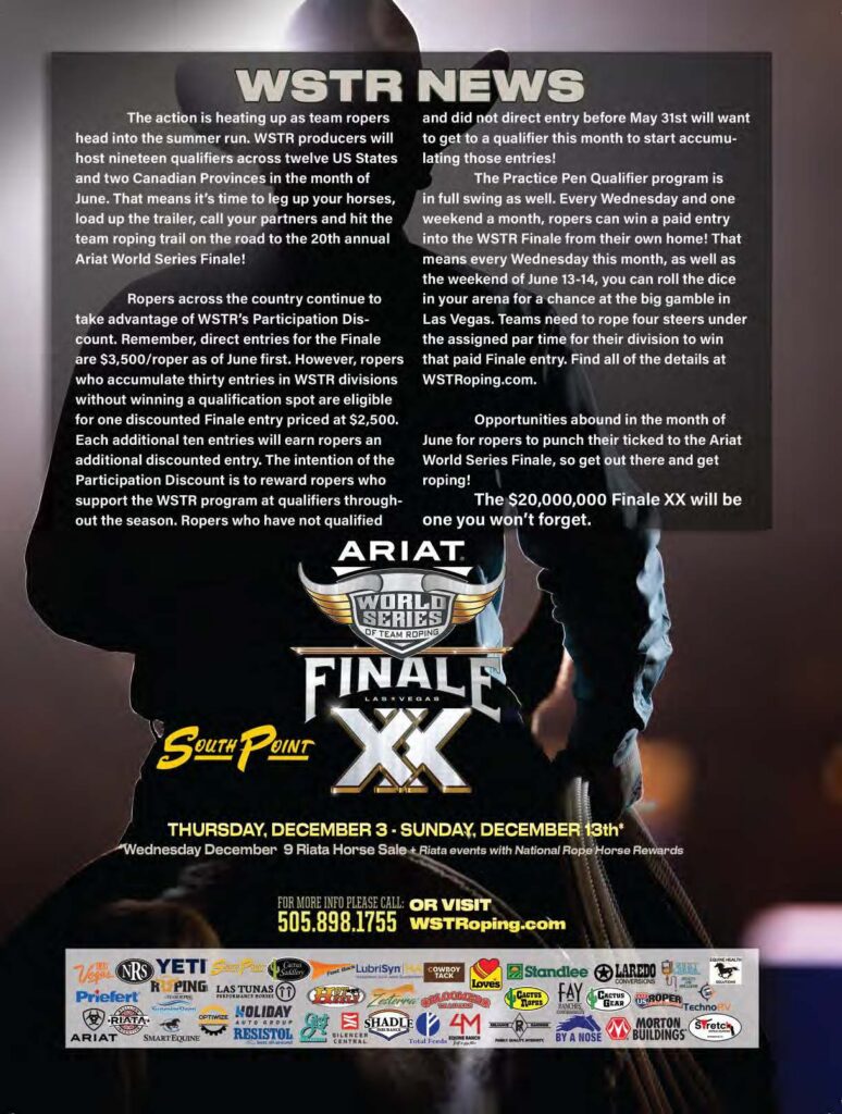 WSTR News advertisement for Ariat World Series Finale XX at South Point, December 3-13, featuring details about team roping qualifiers and entry information