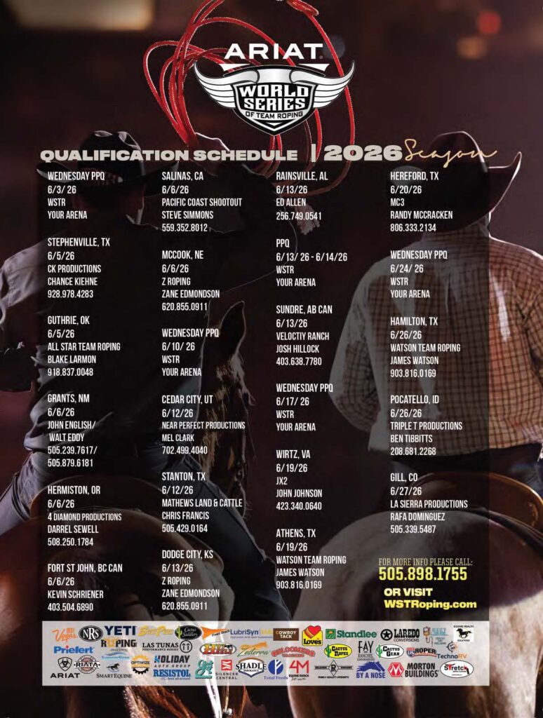 Ariat World Series of Team Roping 2026 qualification schedule listing events across multiple states with dates, locations, and contact information
