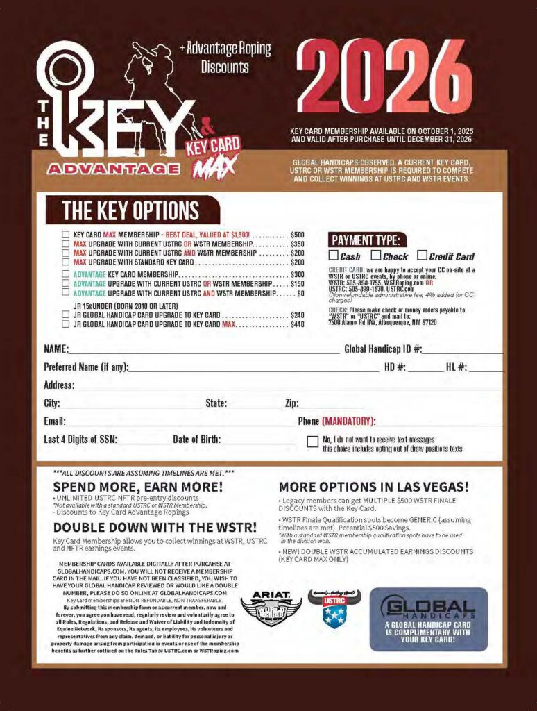 The Key Advantage Roping Discounts 2026 membership card application form with pricing options ranging from $90 to $440, valid through December 31, 2026