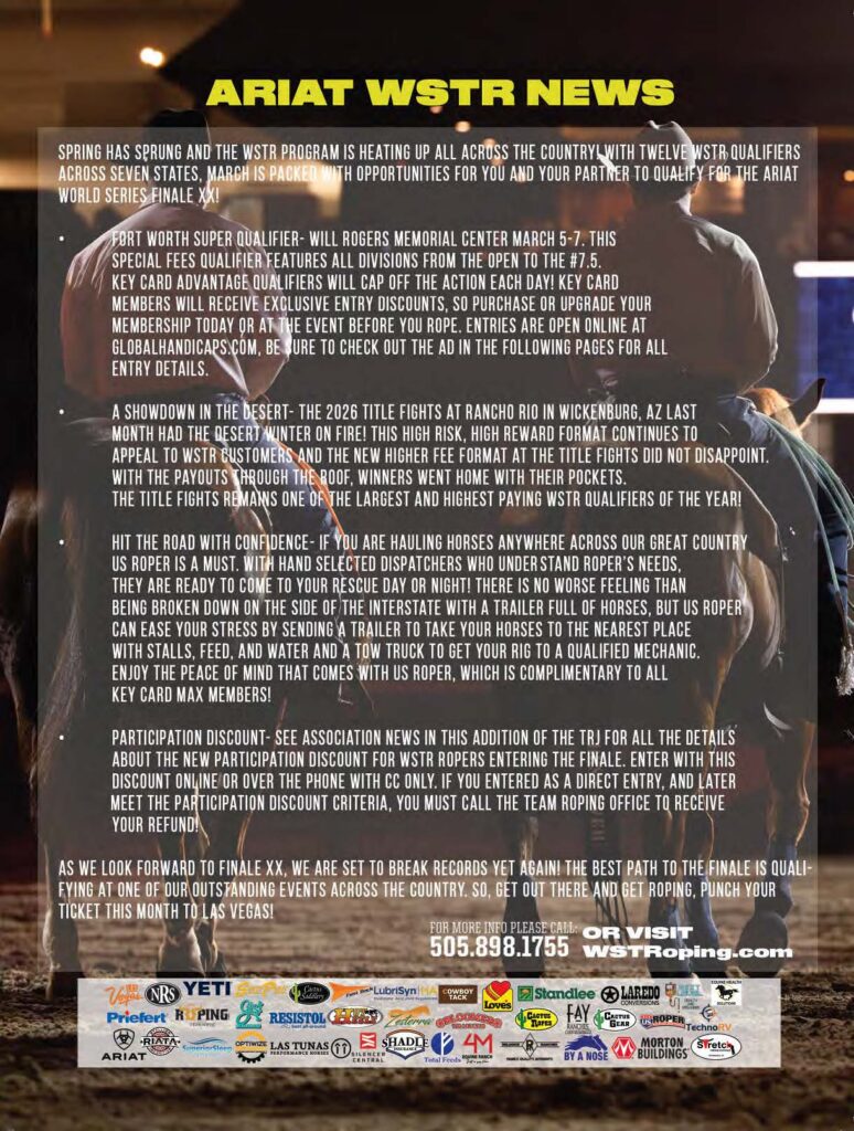 Ariat WSTR News announcement featuring spring qualifier information and finale opportunities for team ropers, with a roper on horseback in the background