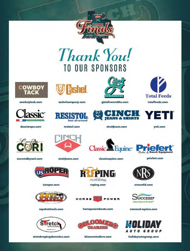 CINCH National Finals thank you graphic displaying sponsor logos including Cowboy Tack, Resistol, YETI, Classic Equine, Priefert, US Roper, Succeed, and Horse Power boots