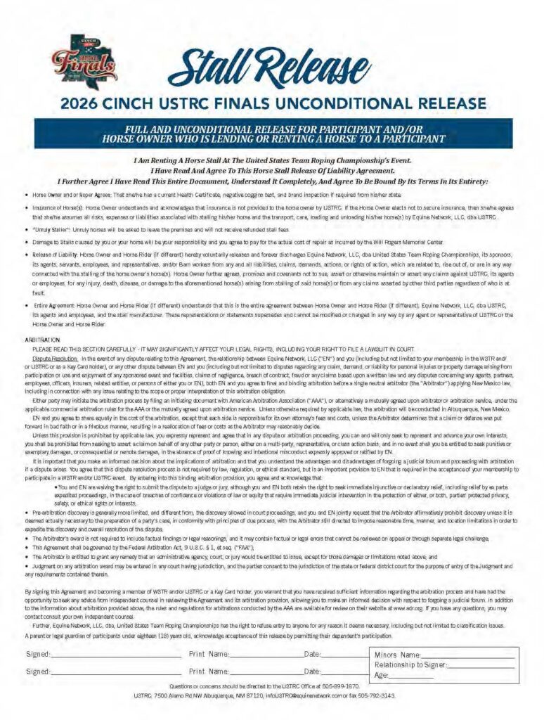 2026 Cinch USTRC Finals unconditional stall release liability waiver form for horse owners and participants