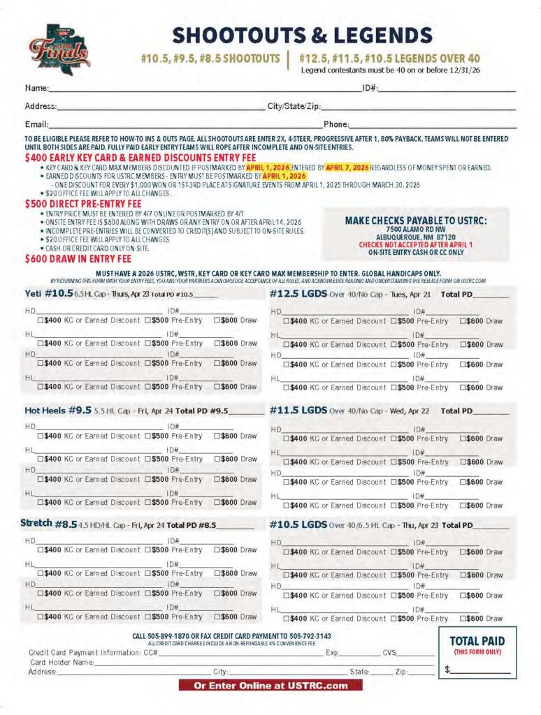USTRC Shootouts & Legends rodeo entry form with event details, fees, and payment information for multiple competitions