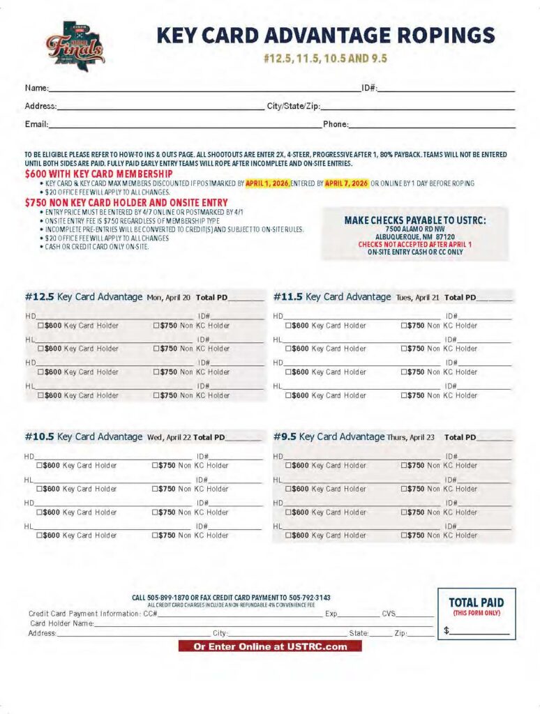 USTRC Key Card Advantage Ropings entry form for team roping events on April 20-23 with pricing and registration details