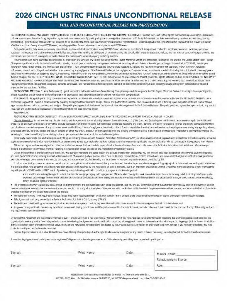 2026 Cinch USTRC Finals unconditional release form for team roping participants with liability waivers and signature lines