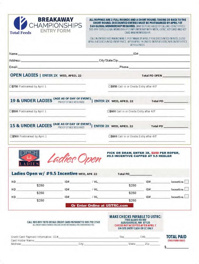 Total Feeds Breakaway Championships entry form with registration details for Open Ladies, 19 & Under Ladies, 15 & Under Ladies divisions, and Cinch Ladies Open with $9.5 incentive, entry deadline April 22