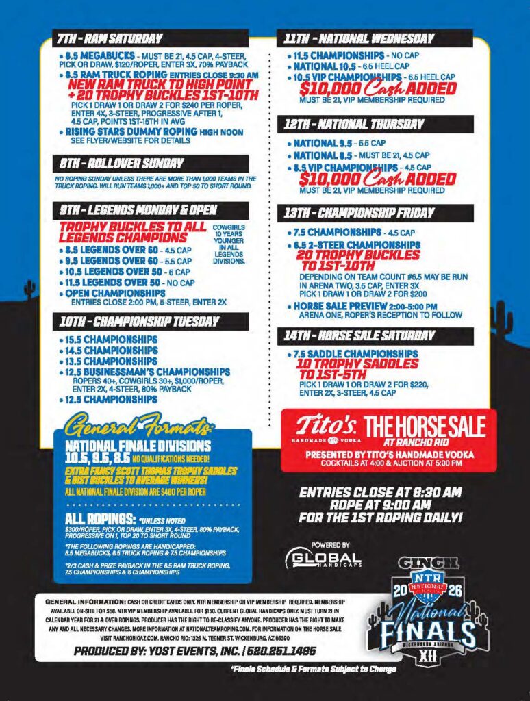 2026 IATF National Finals schedule and event details for rodeo competitions including roping, barrel racing, and saddle championships at Rancho Rio in Arizona