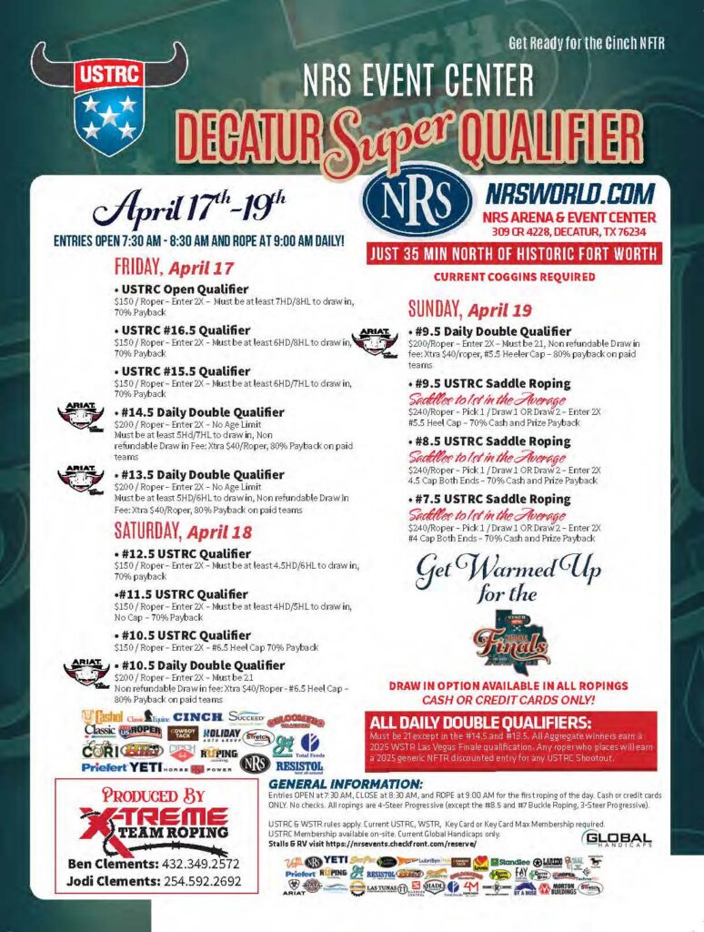 Decatur Super Qualifier event flyer for NRS Event Center advertising USTRC team roping, saddle roping, and daily double qualifier competitions April 17-19