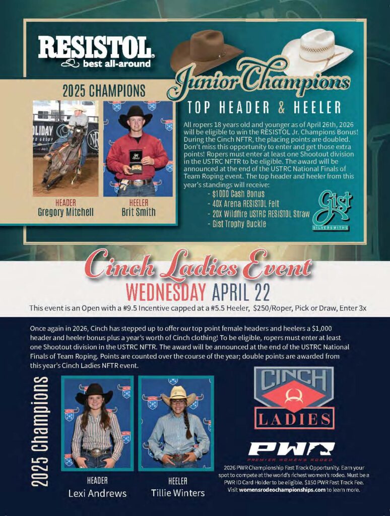 Resistol and Cinch promotional flyer announcing 2025 Junior Champions and Ladies Event winners in team roping and rodeo competitions