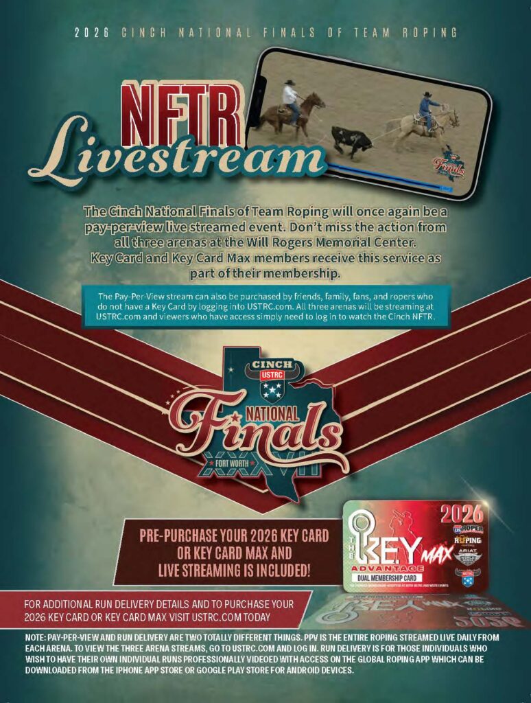 2026 Cinch National Finals of Team Roping livestream promotion featuring team ropers on horseback competing, with details on pay-per-view access and Key Card membership benefits