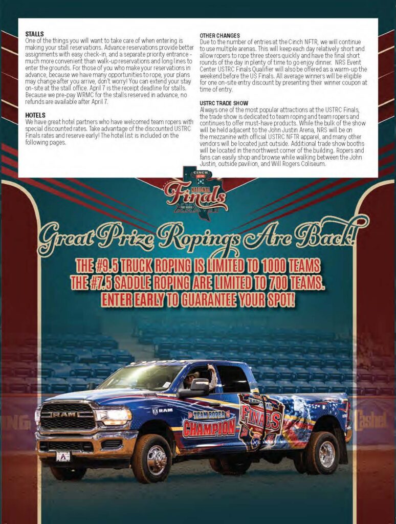 NTRA Finals promotional flyer featuring a blue RAM truck with championship graphics and text announcing limited team roping and saddle bronc entries