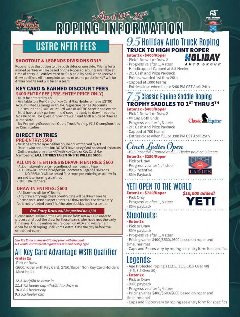 2024 Fort Worth Stockyards USTRC NFR Finals roping information flyer with entry fees, event details, and payouts for multiple roping disciplines April 19-20
