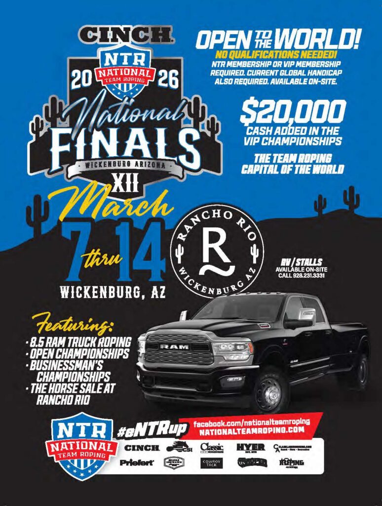 Cinch NTR National Finals XII rodeo event poster featuring March 7-14 dates in Wickenburg, Arizona, with $20,000 added prize money and black RAM truck displayed against desert landscape silhouette