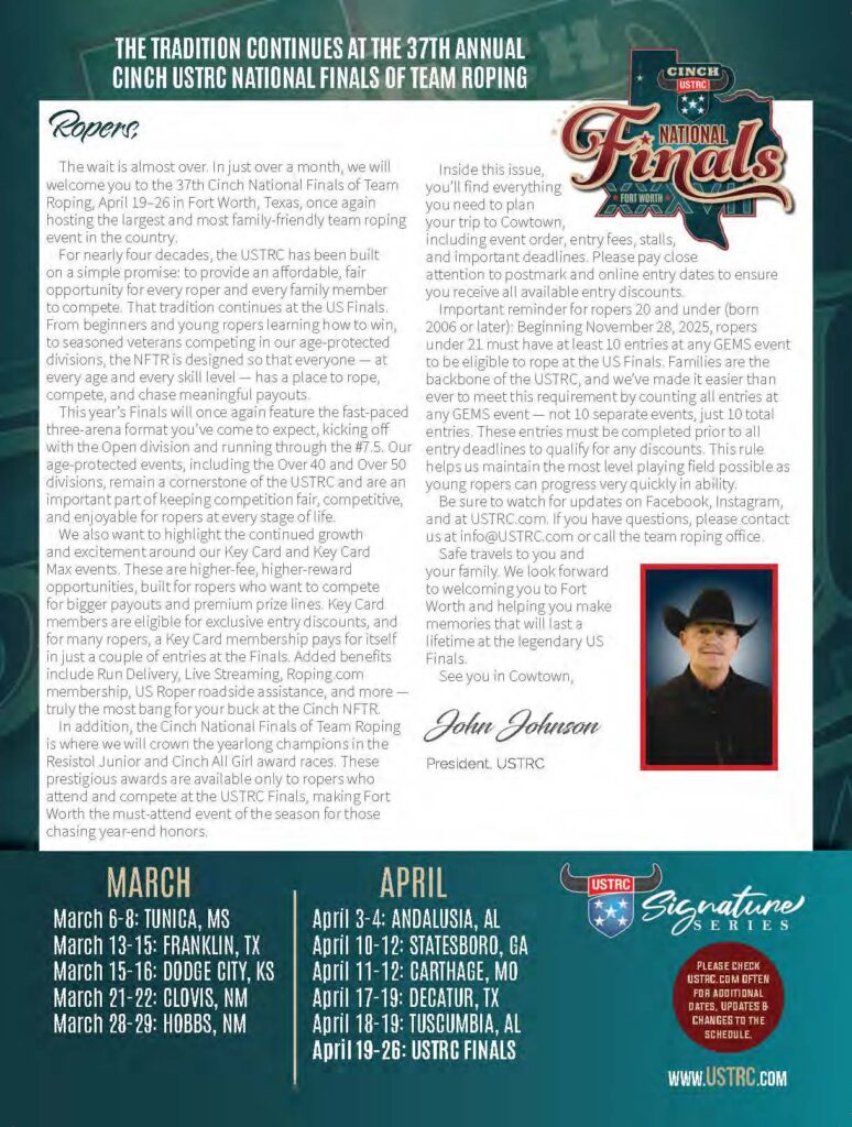 Promotional flyer for the 37th Cinch USTRC National Finals of Team Roping, April 19-26 in Fort Worth, Texas, featuring competition dates and locations in March and April