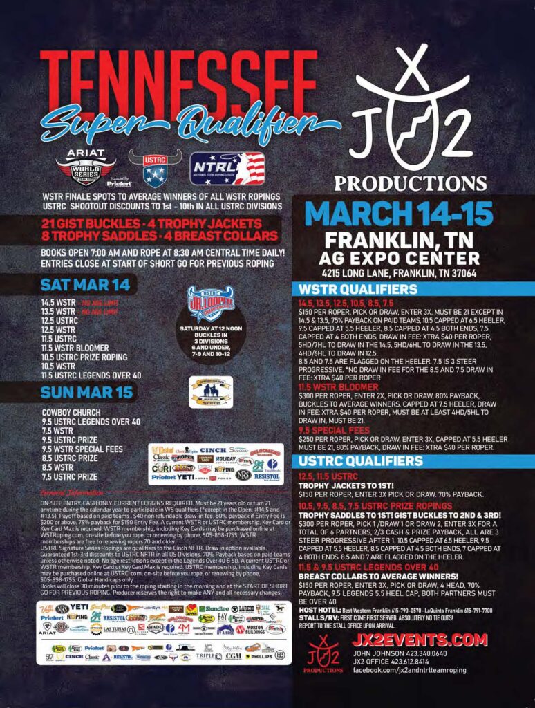 Tennessee Super Qualifier rodeo event flyer for March 14-15 at Franklin AG Expo Center, featuring WSTR and NTRA sanctioned team roping and USTRC breakaway roping competitions with entry details and prize information