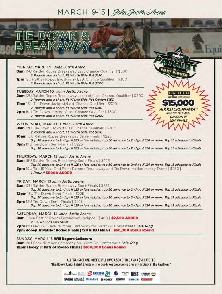 Fort Worth Stockyards Patriot Rodeo schedule for March 9-15 tie-down and breakaway roping events at John Justin Arena and Will Rogers Coliseum