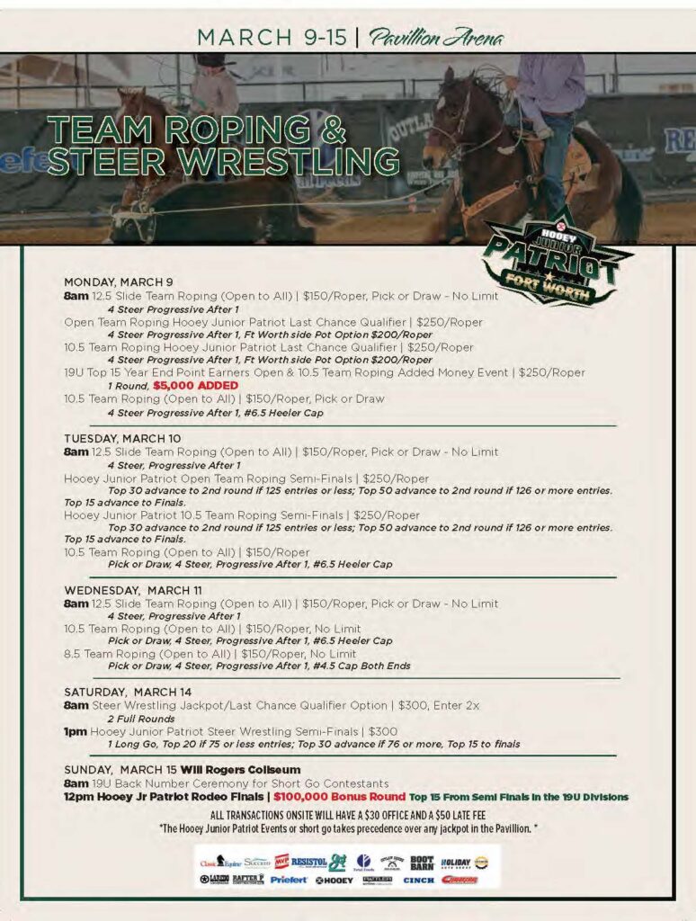 Hooey Junior Patriot team roping and steer wrestling event flyer for Pavilion Arena, March 9-15, listing daily competition schedules, entry fees, and prize amounts