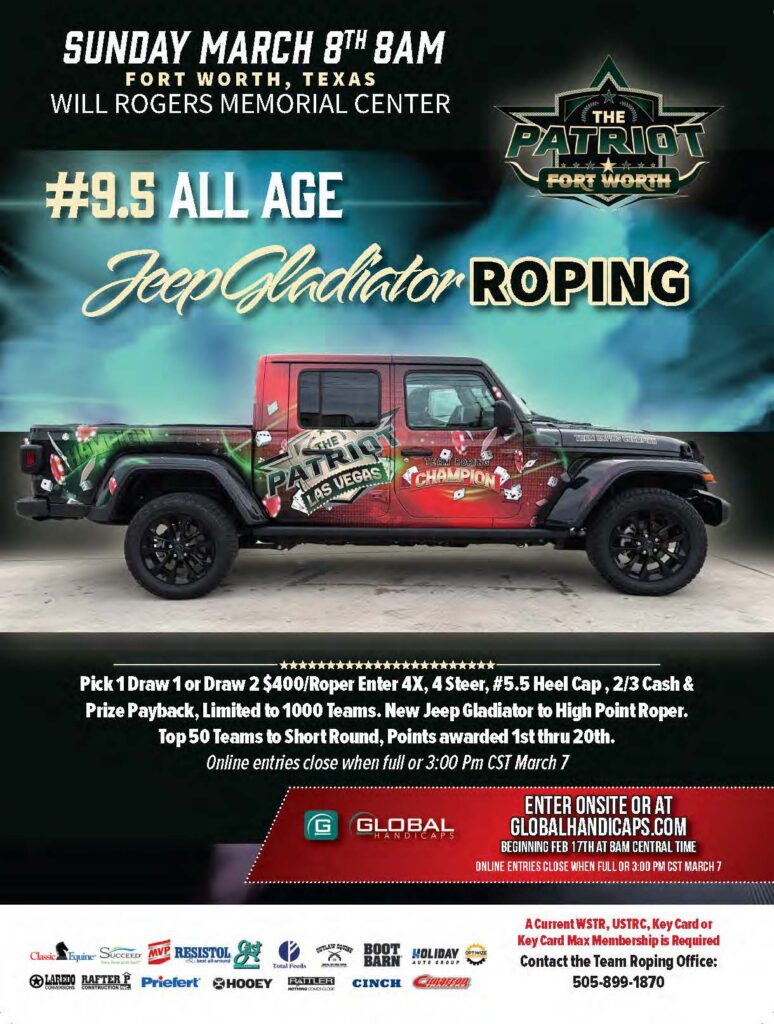 The Patriot Fort Worth Jeep Gladiator Roping event flyer for March 8 at Will Rogers Memorial Center, featuring a red and black decorated Jeep Gladiator truck against a stormy sky background