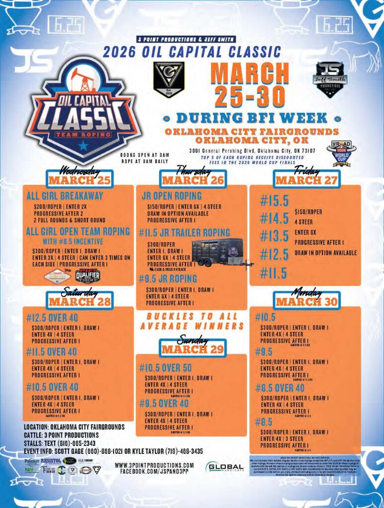 2026 Oil Capital Classic team roping event poster for March 25-30 at Oklahoma City Fairgrounds during BFI Week, listing daily roping events and entry fees