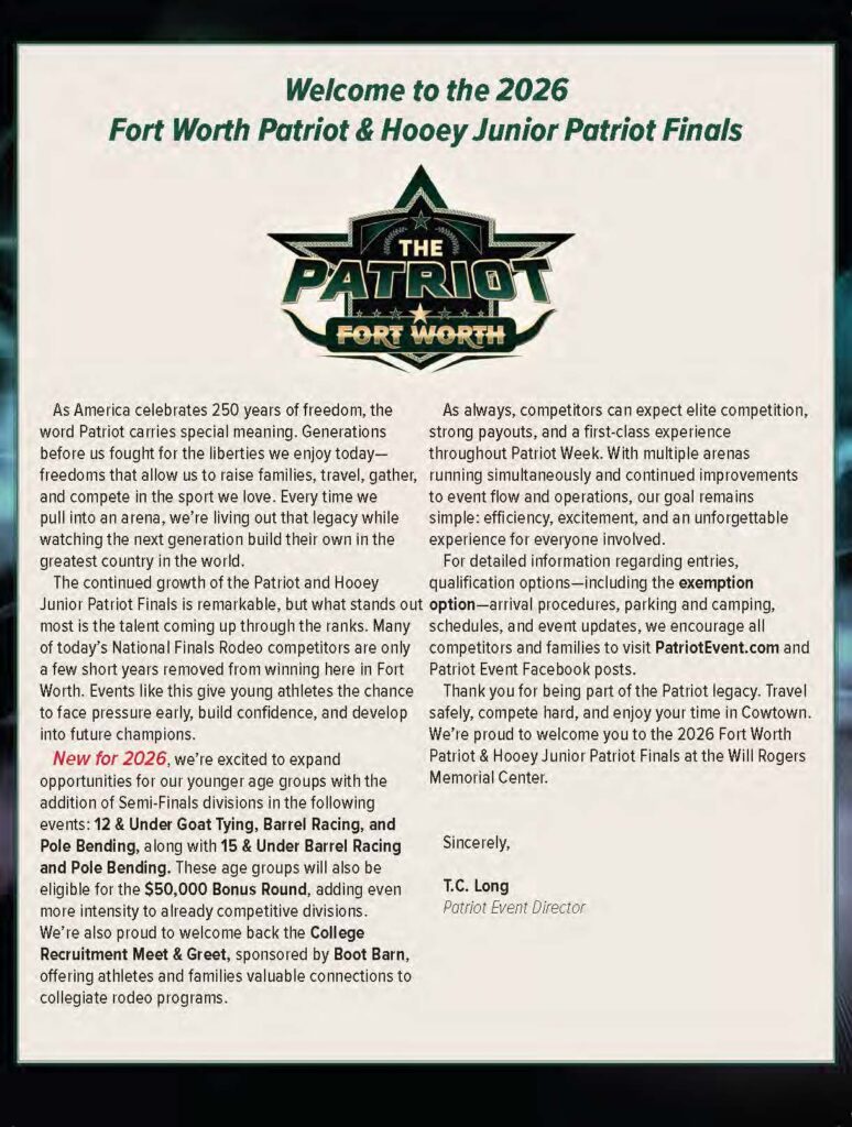 2026 Fort Worth Patriot & Hooey Junior Patriot Finals welcome letter with event details and new competition divisions for younger age groups