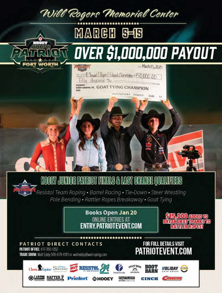 Four youth rodeo competitors hold a $150,000 check for Goat Tying Champion at Hooey Junior Patriot Finals, Fort Worth, March 5-19