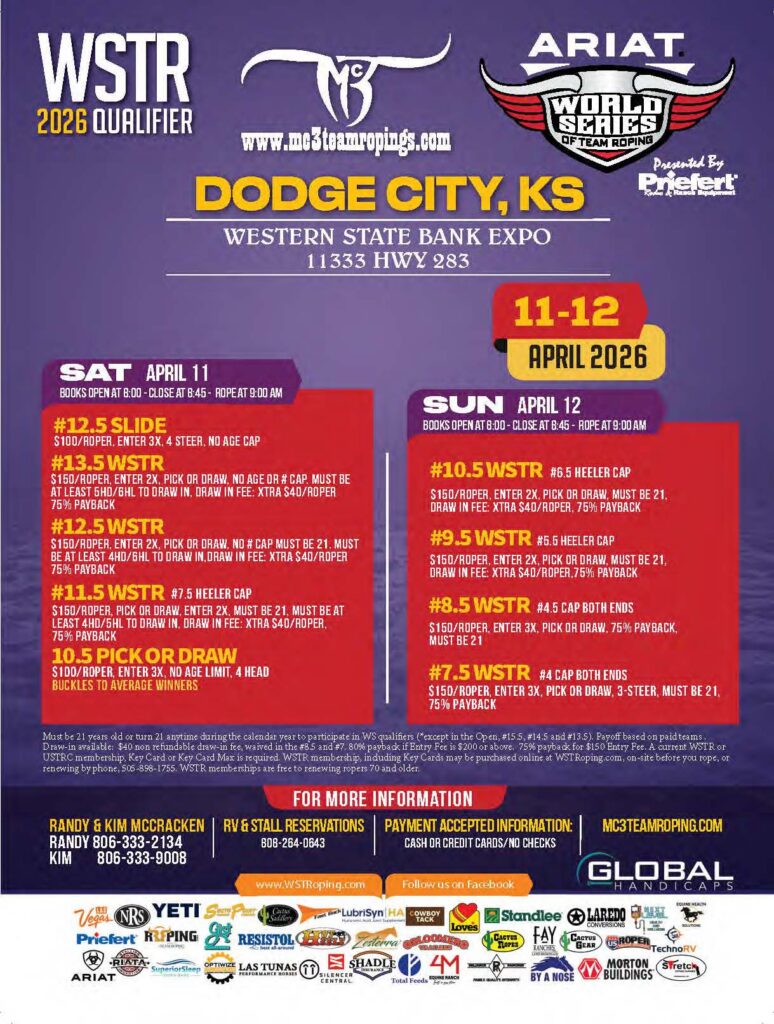 WSTR 2026 Qualifier flyer for Dodge City, Kansas team roping event April 11-12 at Western State Bank Expo with entry fees and event details