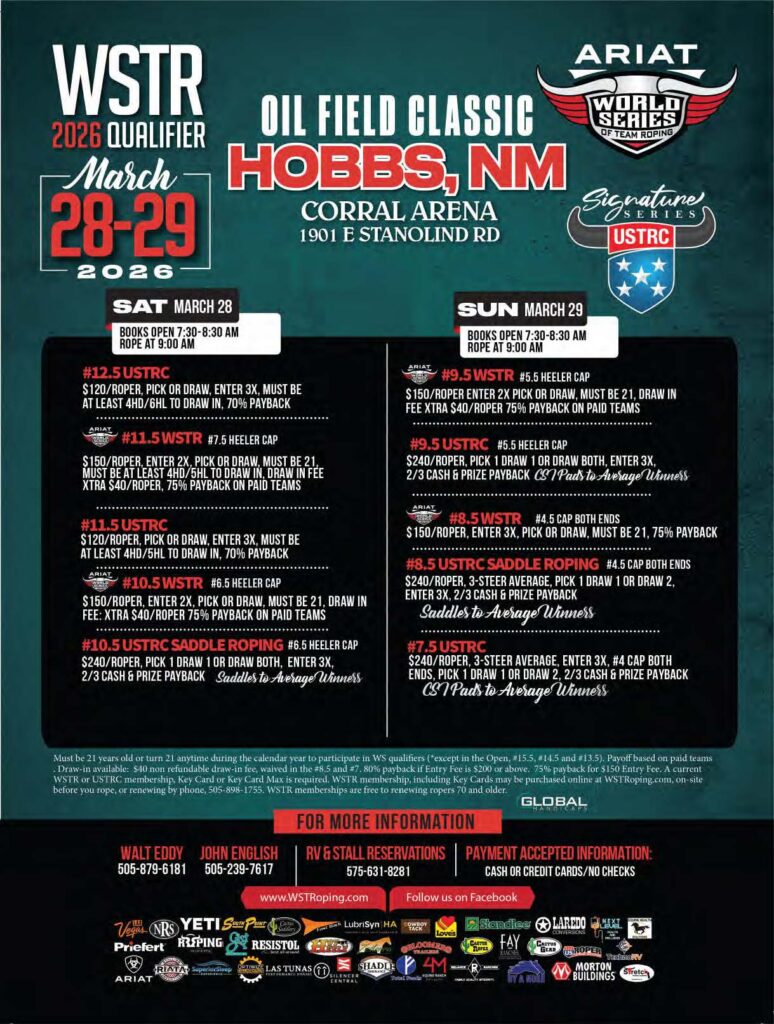 WSTR 2026 Qualifier poster for Oil Field Classic rodeo in Hobbs, New Mexico, March 28-29, listing USTRC team roping and saddle roping events with entry fees and rules at Corral Arena